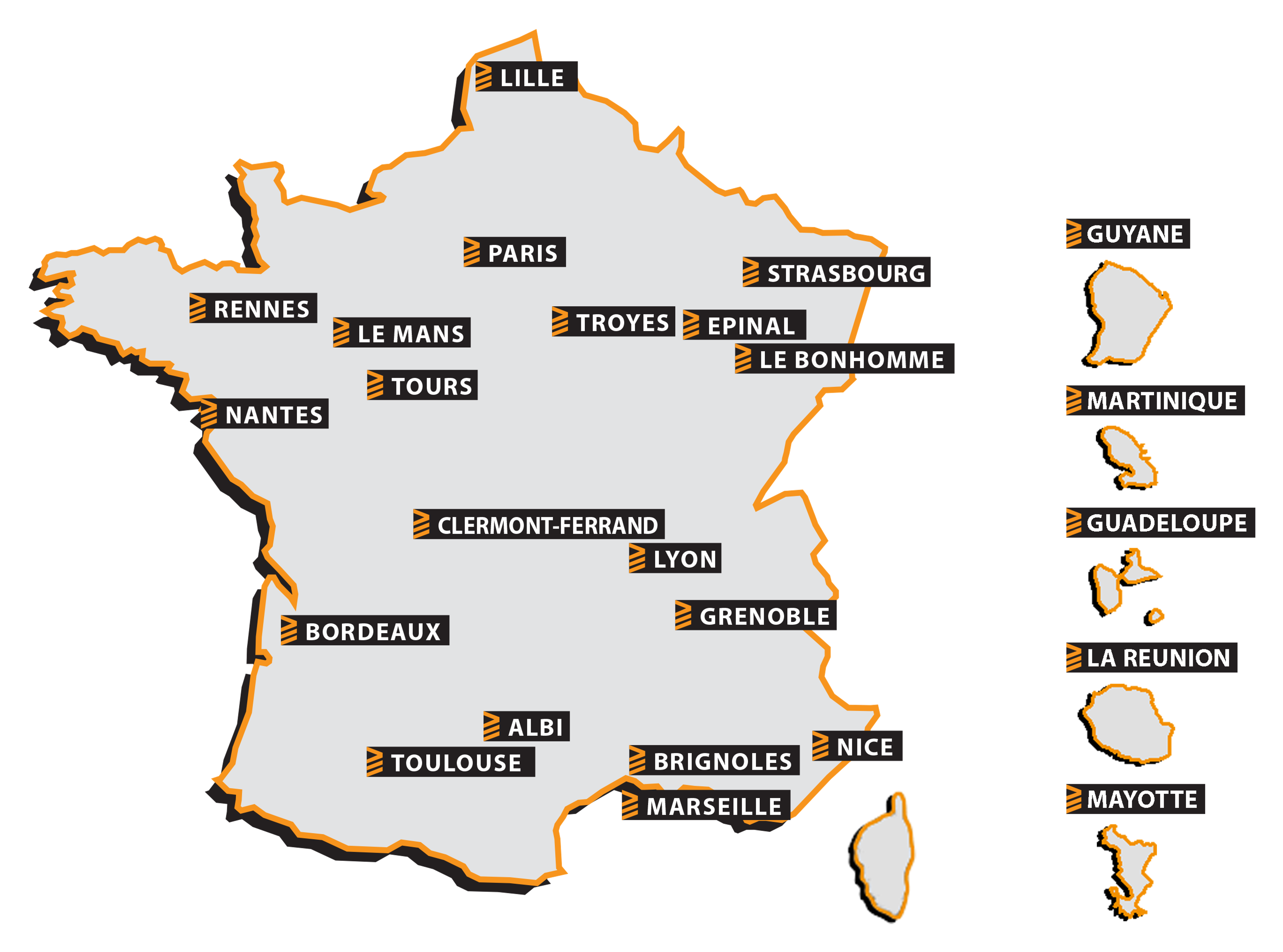 Relais techniques régionaux SEIPRA Score Carte de France et des DOM-TOM précisant les implantations de techniciens SEIPRA Score dans les principales grandes villes